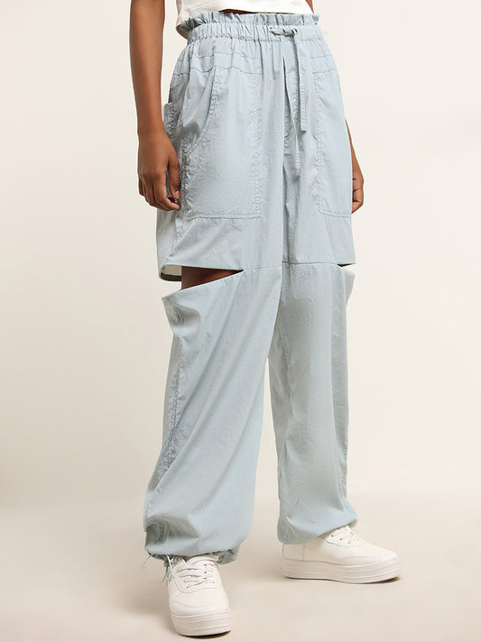 Nuon Light Blue Paperbag-Waist High-Rise Trousers