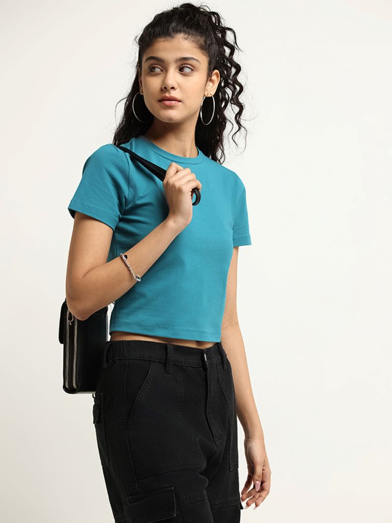 Nuon Teal Solid Crop T-Shirt