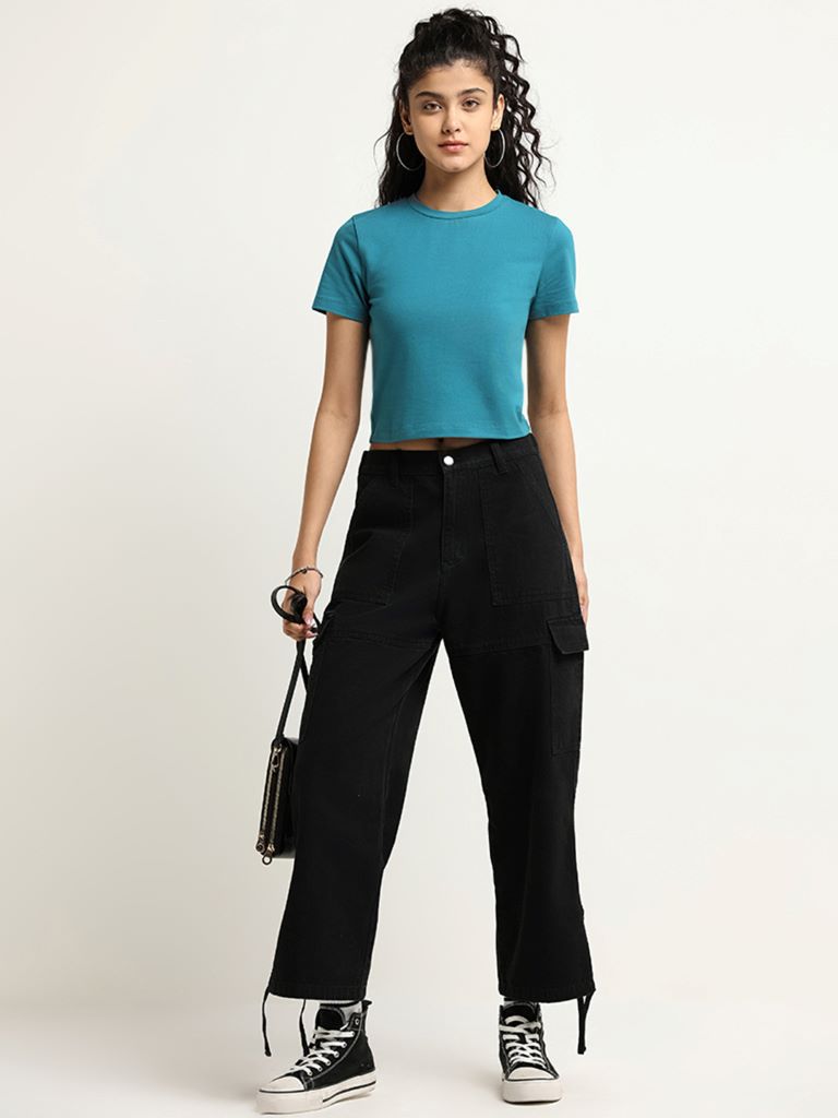Nuon Teal Solid Cotton Crop T-Shirt