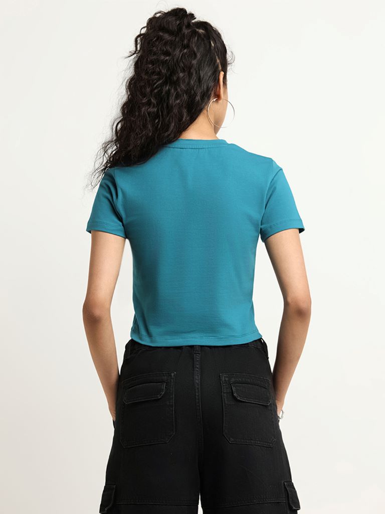 Nuon Teal Solid Cotton Crop T-Shirt