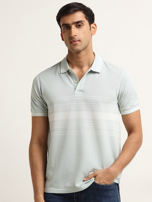 WES Casuals Mint Striped Design Slim Fit T-Shirt