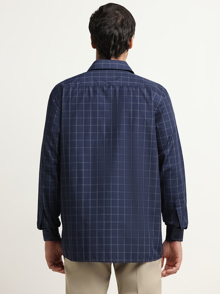 WES Formals Navy Checked Relaxed Fit Shirt