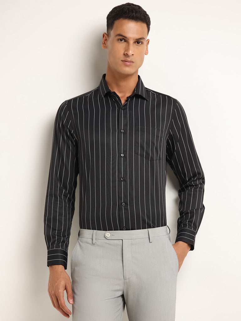 WES Formals Black Striped Slim Fit Shirt
