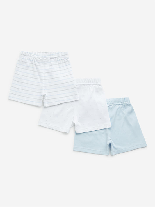 HOP Baby Light Blue Printed Cotton Shorts - Pack of 3