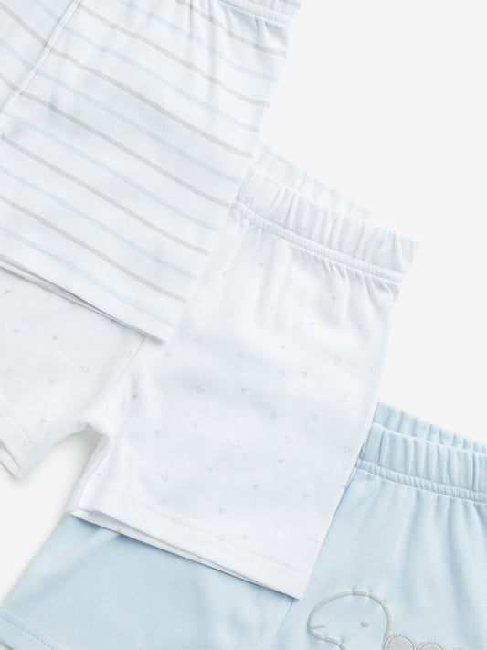 HOP Baby Light Blue Printed Cotton Shorts - Pack of 3