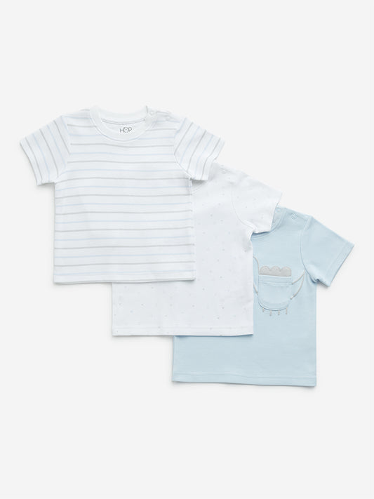 HOP Baby Light Blue Printed Cotton T-Shirts - Pack of 3