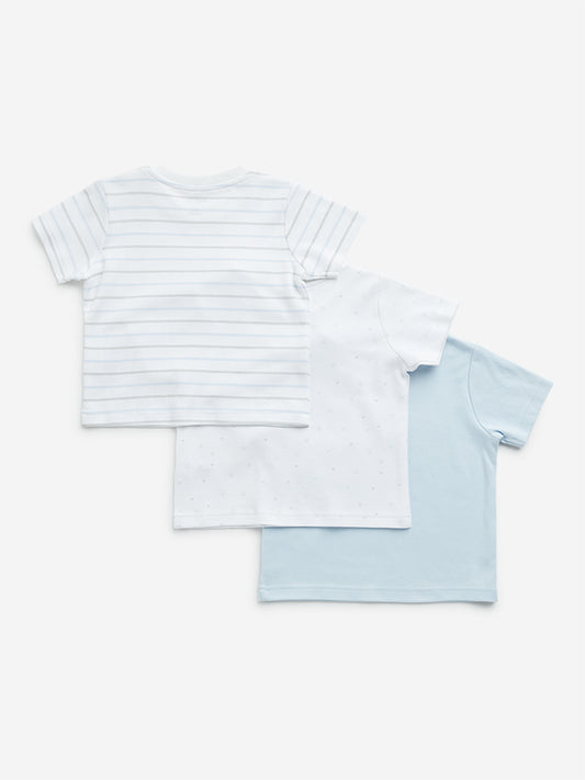HOP Baby Light Blue Printed Cotton T-Shirts - Pack of 3