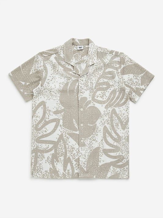 Y&F Kids Taupe Leaf Design Textured Cotton Shirt