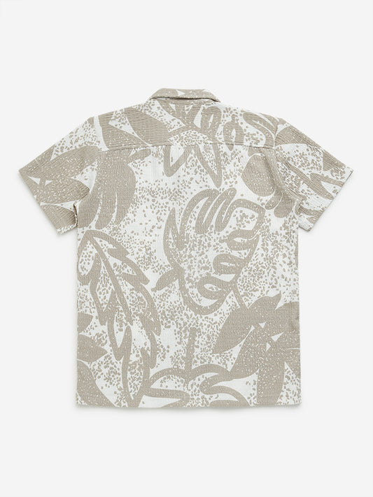 Y&F Kids Taupe Leaf Design Textured Cotton Shirt