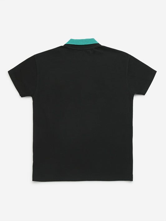 Y&F Kids Black Text Print Collared Cotton T-Shirt