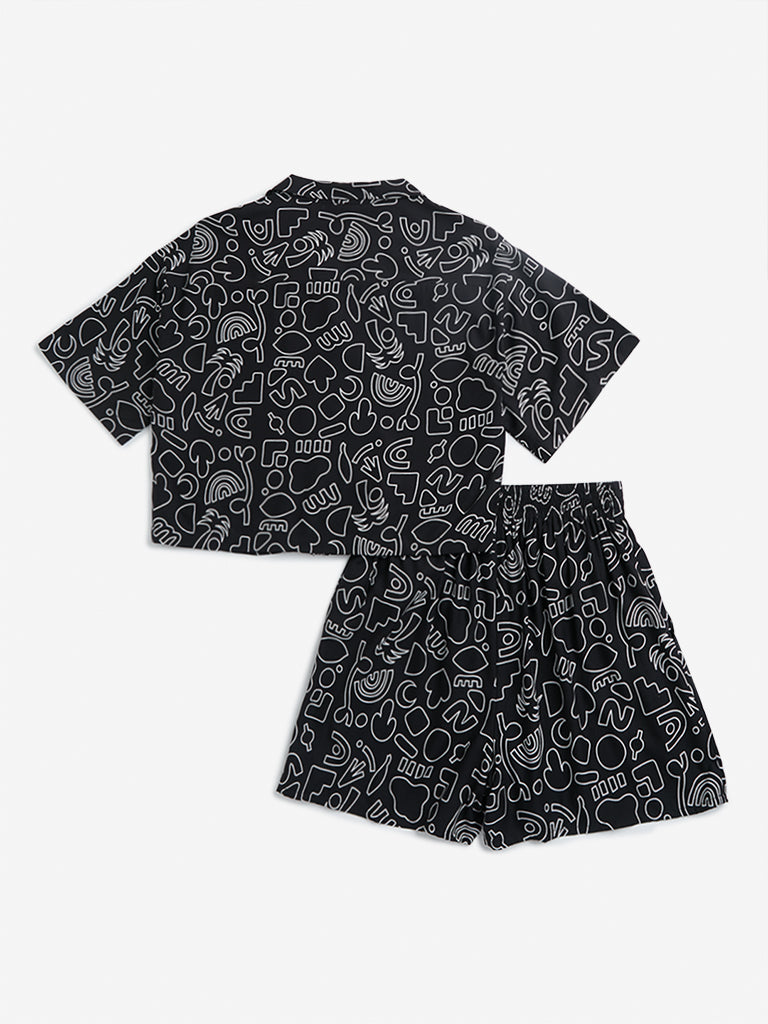 Y&F Kids Black Doodle Pattern Shirt & Shorts Set