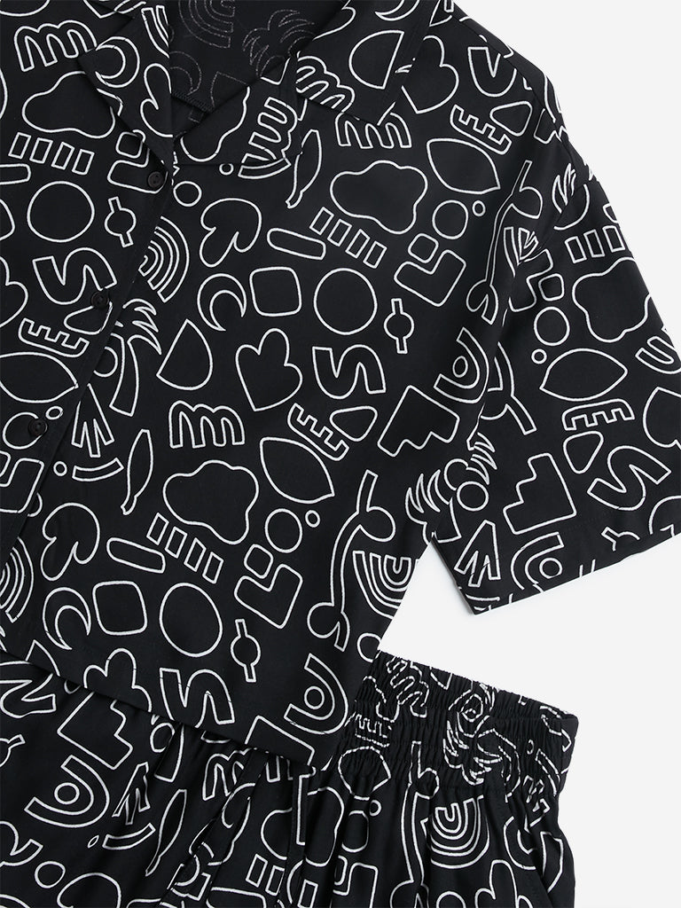 Y&F Kids Black Doodle Pattern Shirt & Shorts Set