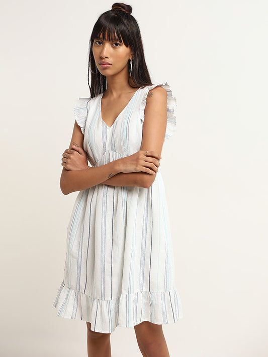 Bombay Paisley White Striped Cotton Straight Dress