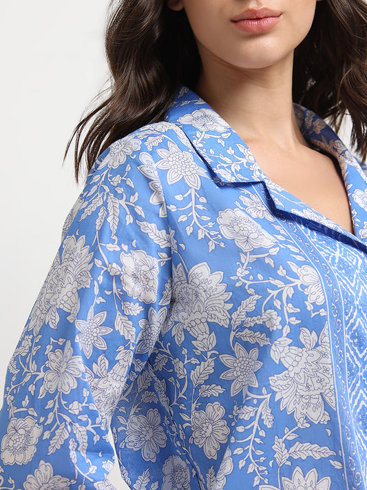 Wunderlove Blue Floral Printed Cotton Shirt and Pyjama Set