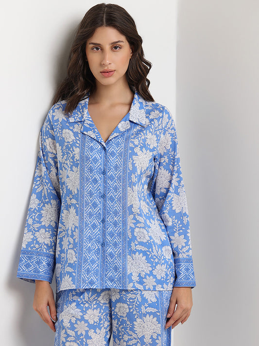 Wunderlove Blue Floral Printed Shirt and Pyjamas Set