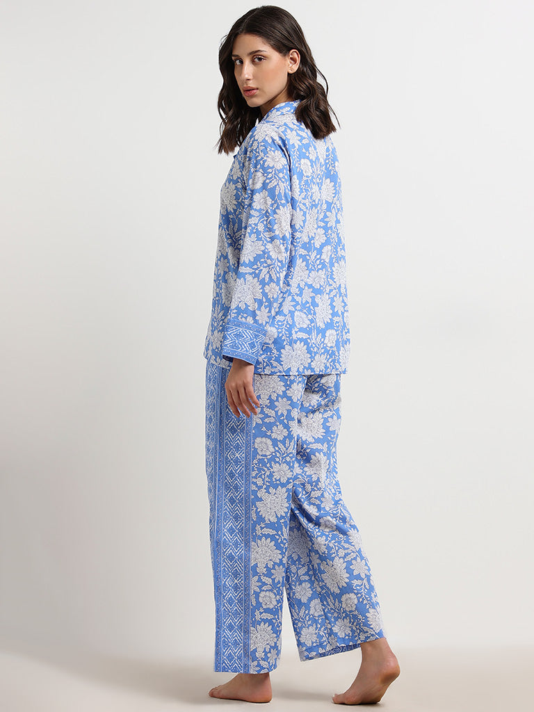 Wunderlove Blue Floral Printed Cotton Shirt and Pyjama Set