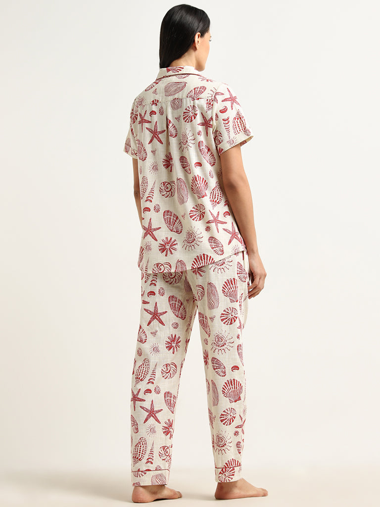 Wunderlove Beige Seashell Printed Cotton Shirt with Pyjamas Set