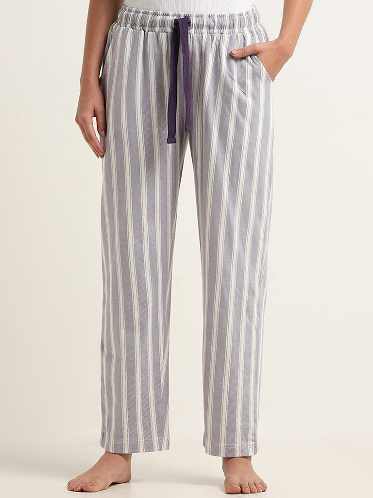 Wunderlove Light Purple Striped Cotton Mid Rise Pyjamas