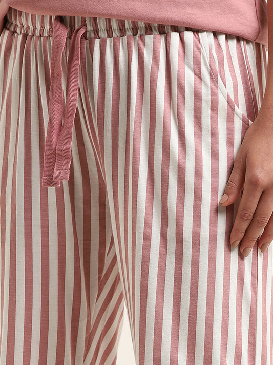 Wunderlove Blush Pink Striped Cotton Mid Rise Pyjamas