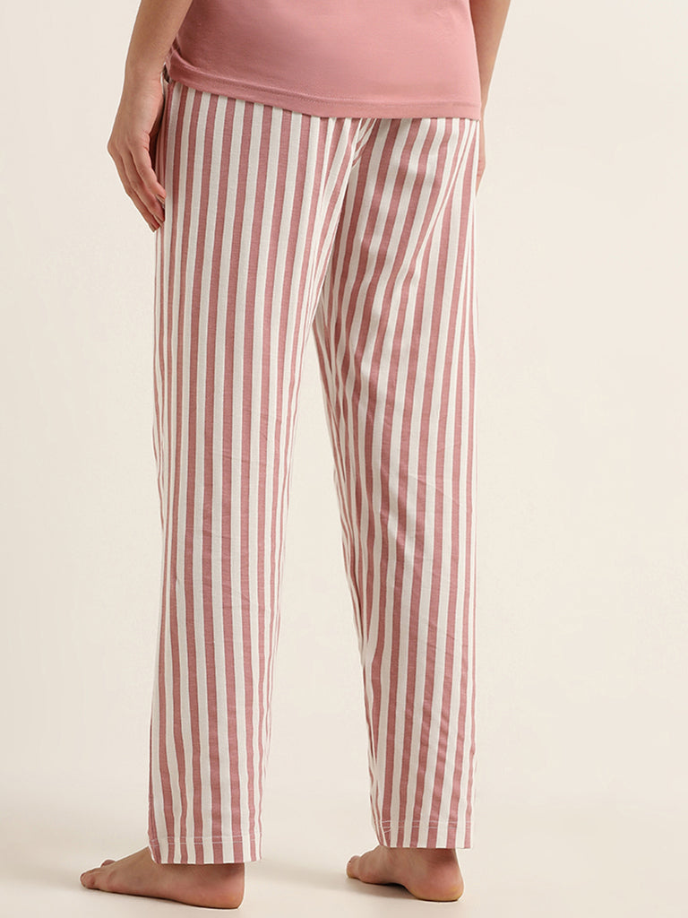 Wunderlove Blush Pink Striped Cotton Mid Rise Pyjamas