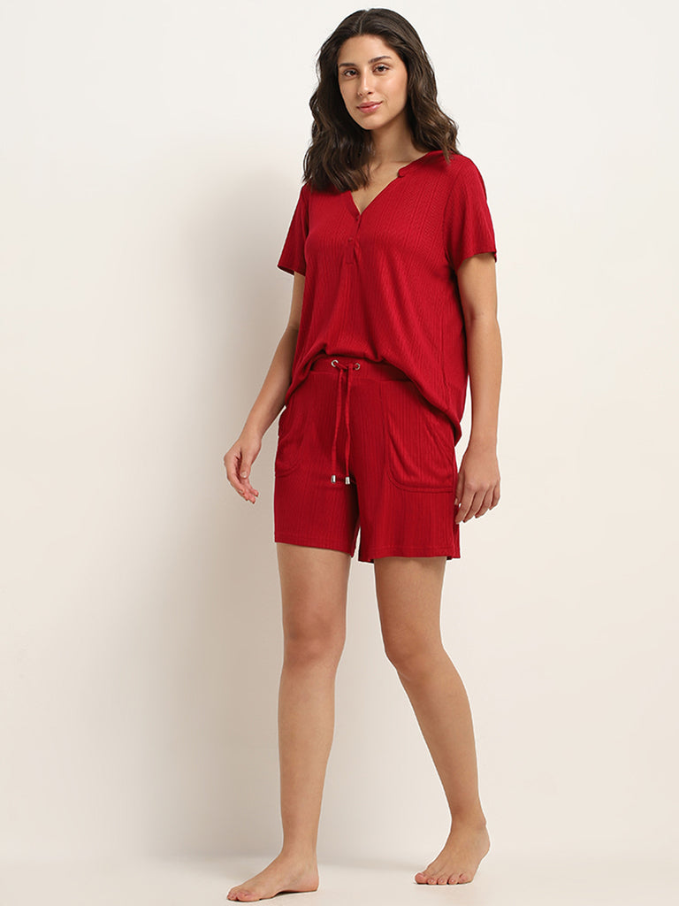 Wunderlove Red Ribbed Relaxed Fit Supersoft Shorts