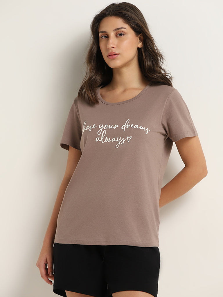 Wunderlove Dark Taupe Text Printed Cotton T-Shirt
