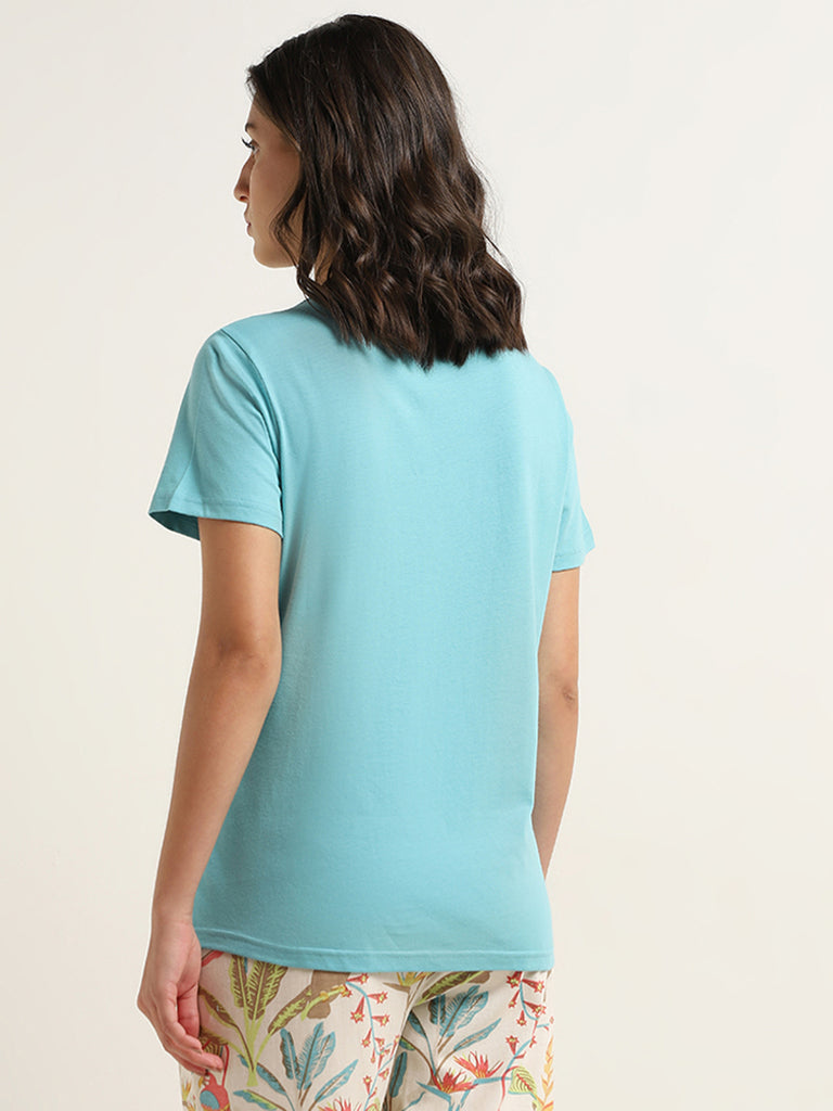 Wunderlove Blue Text-Printed Cotton T-Shirt
