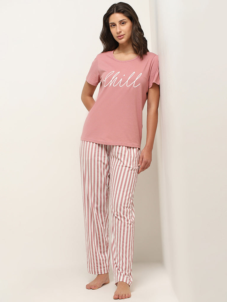 Wunderlove Blush Pink Text-Printed Cotton T-Shirt