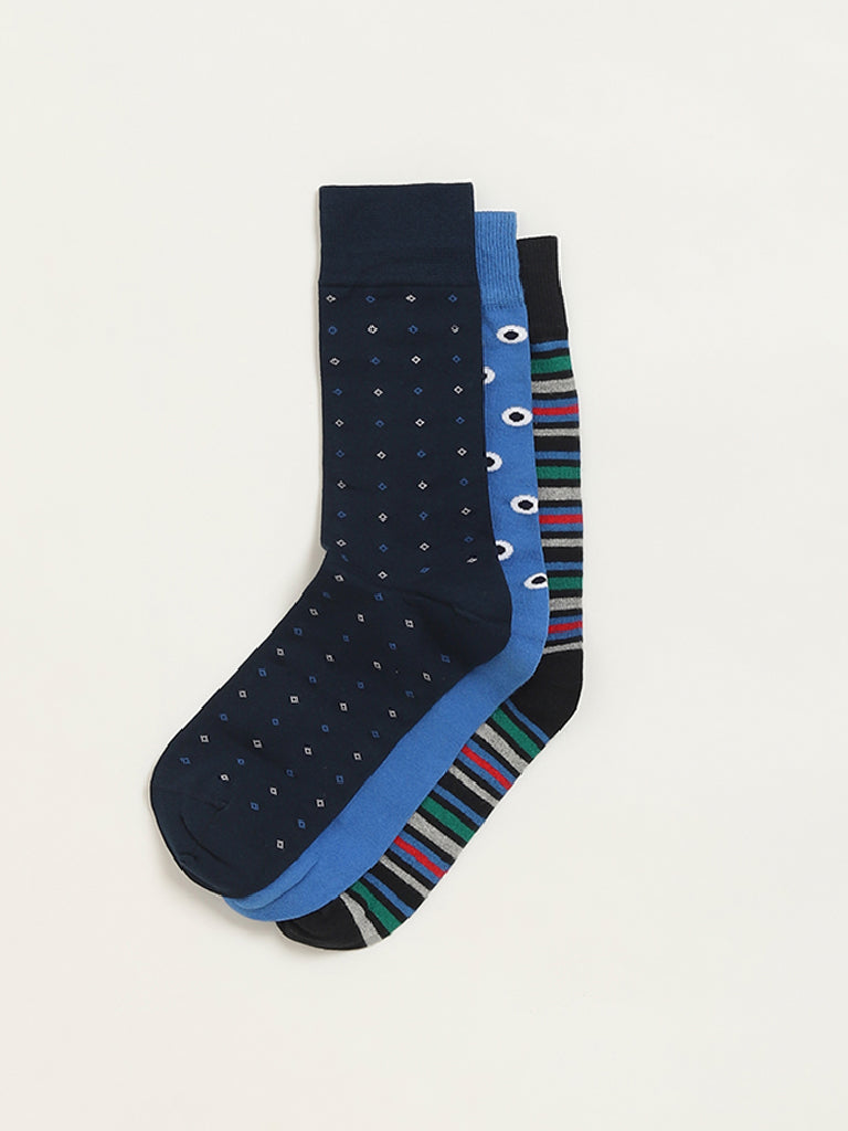 WES Lounge Multicolour Printed Cotton Blend Full Length Socks - Pack of 3