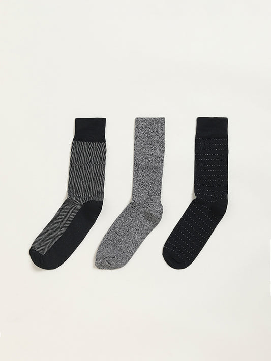 WES Lounge Black Printed Cotton Blend Full Length Socks - Pack of 3