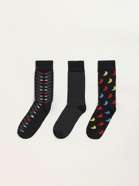 WES Lounge Black Printed Cotton Blend Full Length Socks - Pack of 3