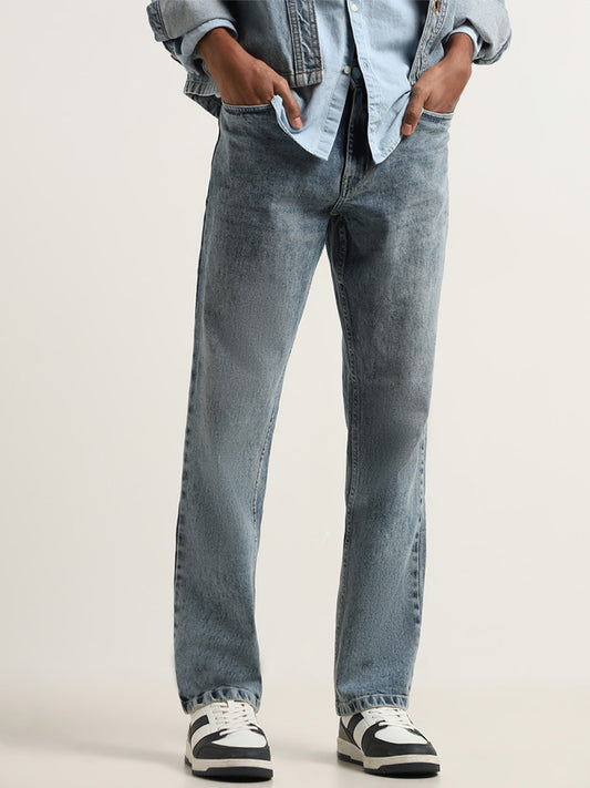 Nuon Blue Washed Mid Rise Straight Fit Jeans