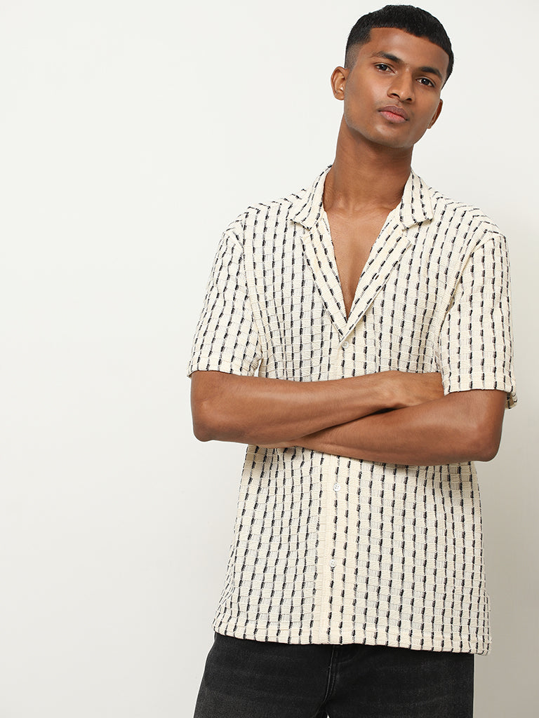 Nuon Off-White Striped Cotton Blend Relaxed Fit Shirt