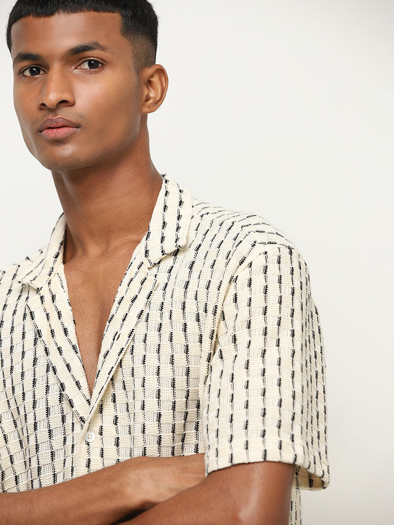 Nuon Off-White Striped Cotton Blend Relaxed Fit Shirt
