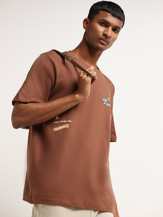 Nuon Brown Relaxed Fit Contrast Print Cotton T-Shirt