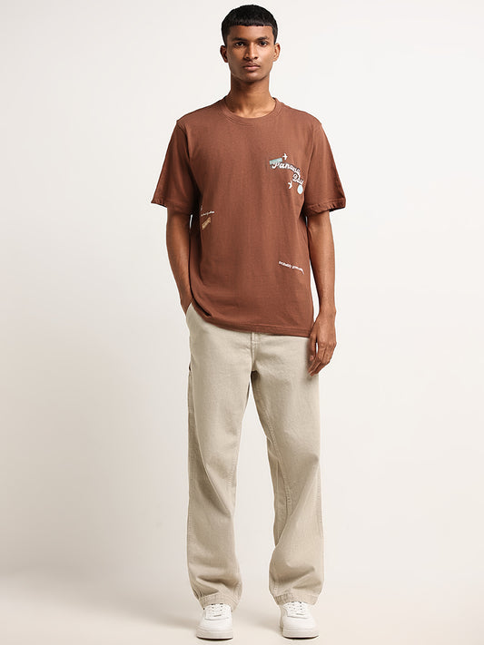 Nuon Brown Relaxed Fit Contrast Print Cotton T-Shirt
