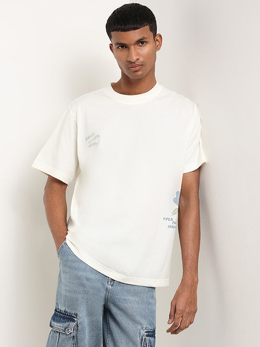 Nuon Off-White Straight Fit Contrast Print T-Shirt