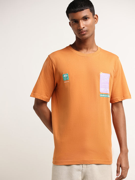Nuon Orange Relaxed Fit Contrast Print Cotton T-Shirt