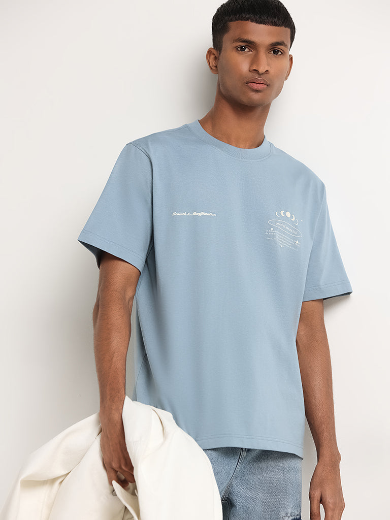 Nuon Blue Straight Fit Contrast Print Cotton T-Shirt
