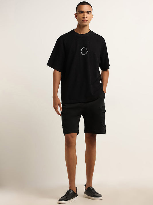 Nuon Black Ribbed Textured Relaxed-Fit Cotton T-Shirt