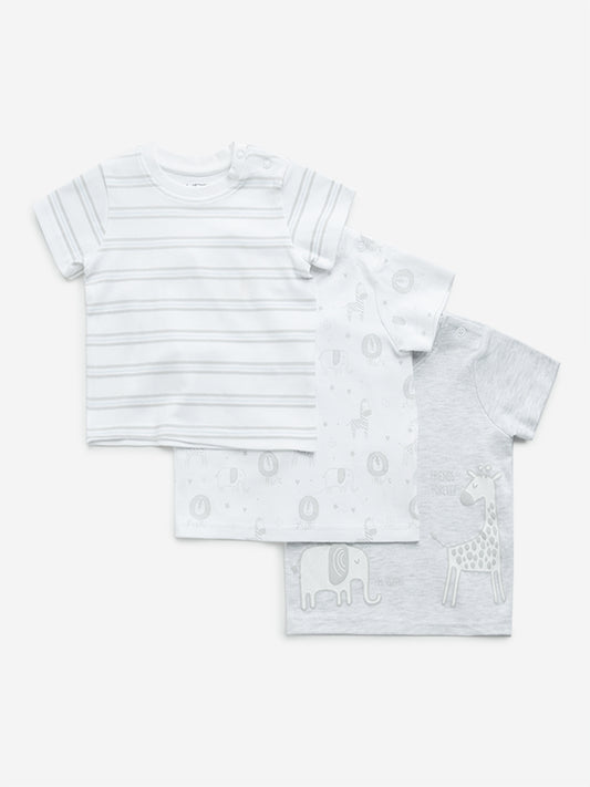 HOP Baby White Printed Cotton T-Shirts - Pack of 3
