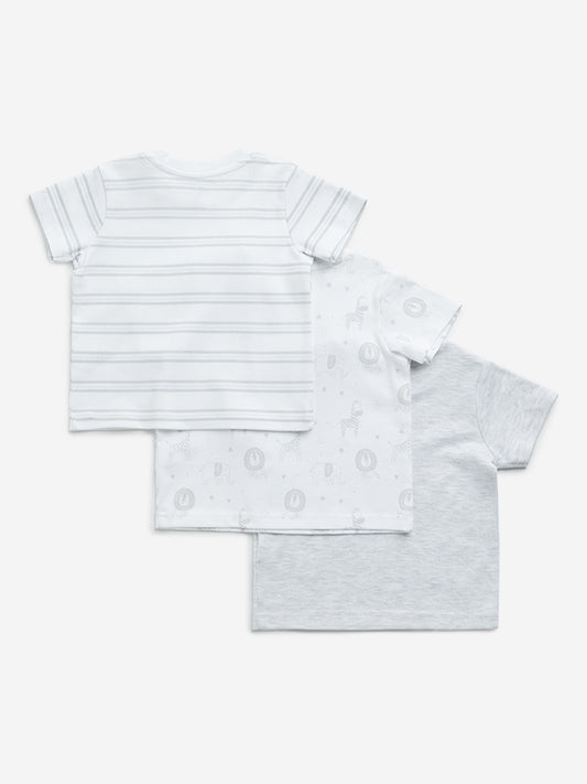 HOP Baby White Printed Cotton T-Shirts - Pack of 3