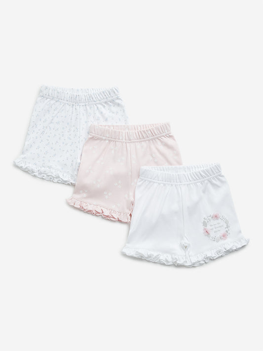 HOP Baby White Printed Cotton Shorts - Pack of 3