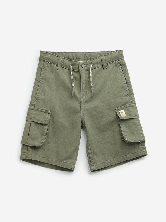 HOP Kids Olive Green Cargo-Style Cotton Shorts