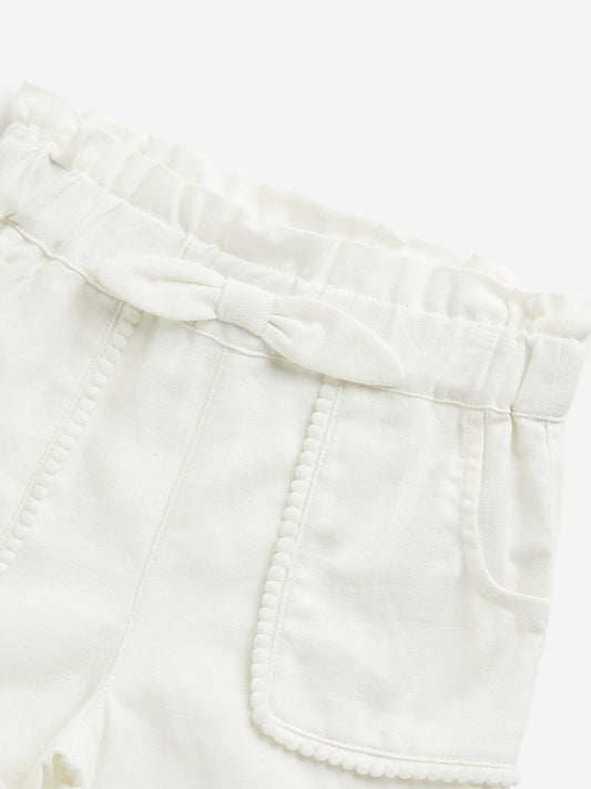 HOP Kids White Paperbag-Waist Mid-Rise Cotton Shorts