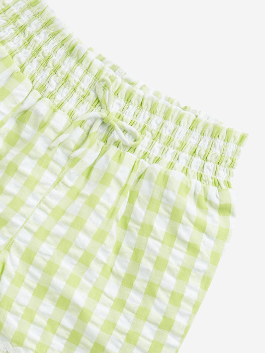 HOP Kids Lime Checkered Design Mid-Rise Cotton Shorts