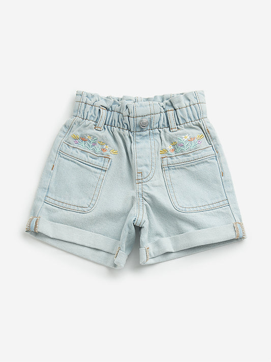 HOP Kids Blue Floral Embroidered High-Rise Cotton Shorts