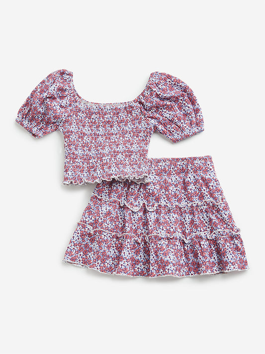 HOP Kids Lilac Floral Printed Top and Skirt Set