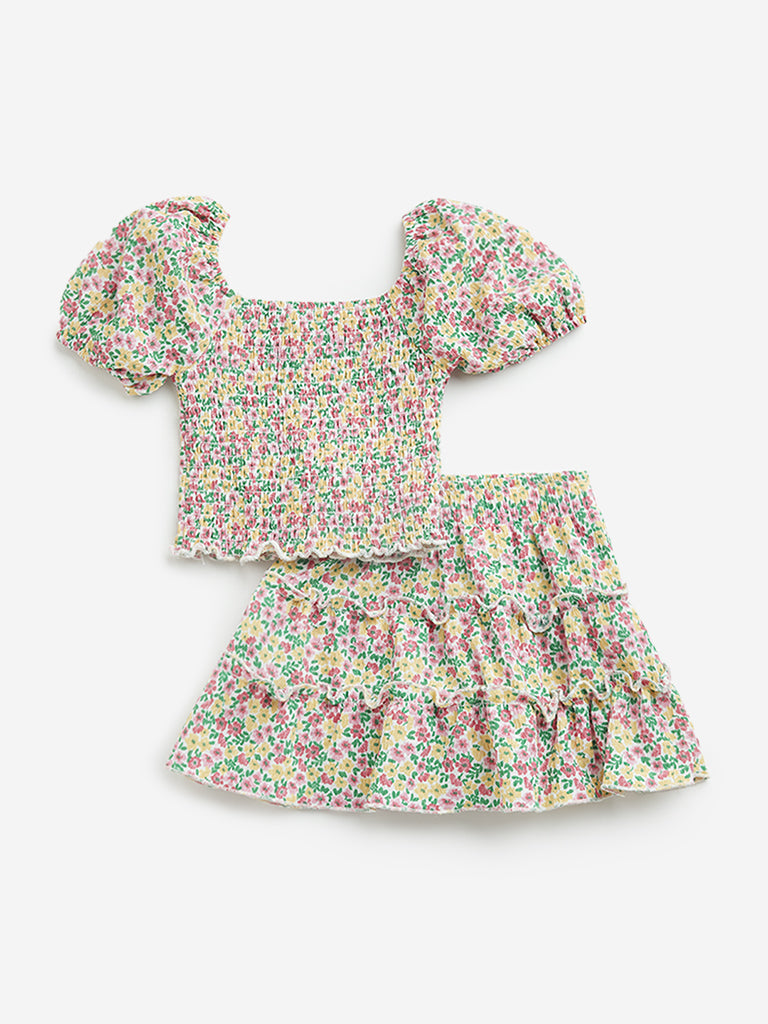 HOP Kids Yellow Floral Printed Top and Skirt Set
