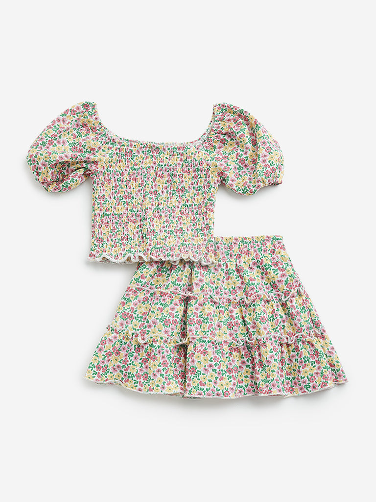 HOP Kids Yellow Floral Printed Top and Skirt Set